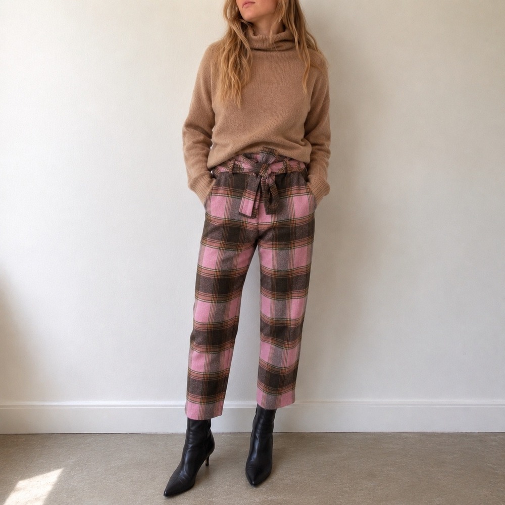 Wilfred Pink Brown Wool Plaid Iconic Tie Front Trouser Pant Size 2 Academia